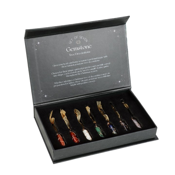 Set of 7 Hanging Crystal Tree Decorations in a stylish box, featuring unique crystals for Christmas tree adornment.
