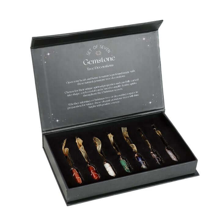 Set of 7 Hanging Crystal Tree Decorations in a stylish box, featuring unique crystals for Christmas tree adornment.