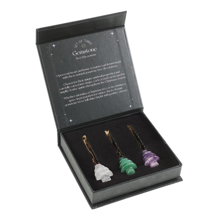 Set of 3 Crystal Christmas Tree Decorations in elegant packaging, featuring unique gemstone designs for festive charm.