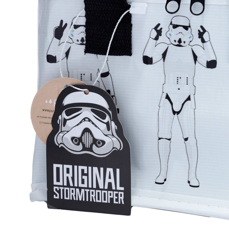 The Original Stormtrooper White RPET Cool Bag with a Stormtrooper tag on a light grey bag.