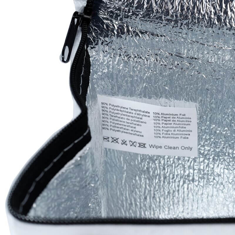 The Original Stormtrooper White RPET Cool Bag with insulated reflective lining and care label.