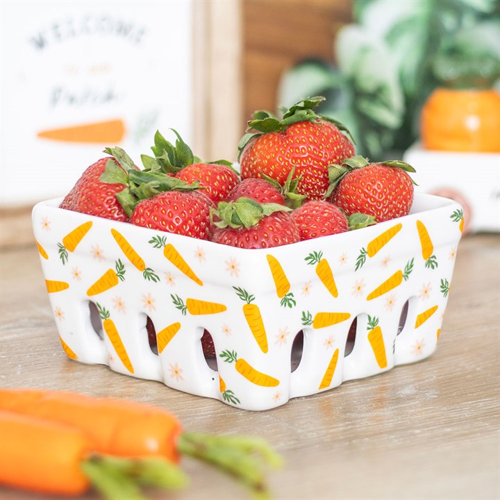 Charming Carrot Patch Ceramic Berry Basket filled with fresh strawberries, perfect for stylish kitchen organisation.
