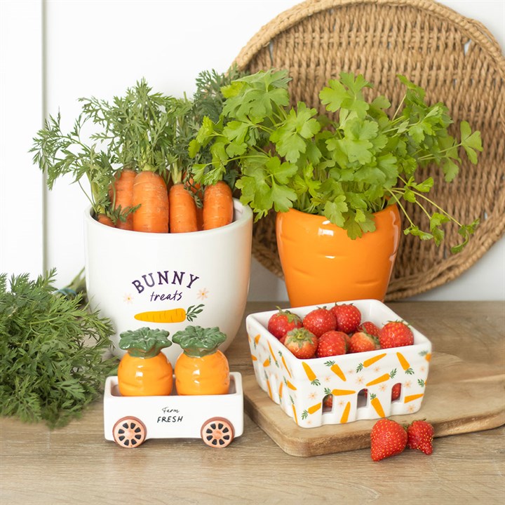 Charming Carrot Patch Ceramic Berry Basket, perfect for storing fresh produce and adding style to your kitchen.