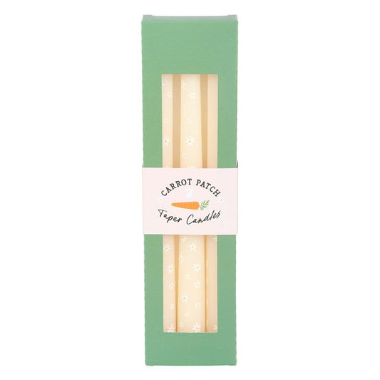 Set of 3 Carrot Patch Daisy Taper Candles unscented, perfect for adding a spring touch to any table or decor.