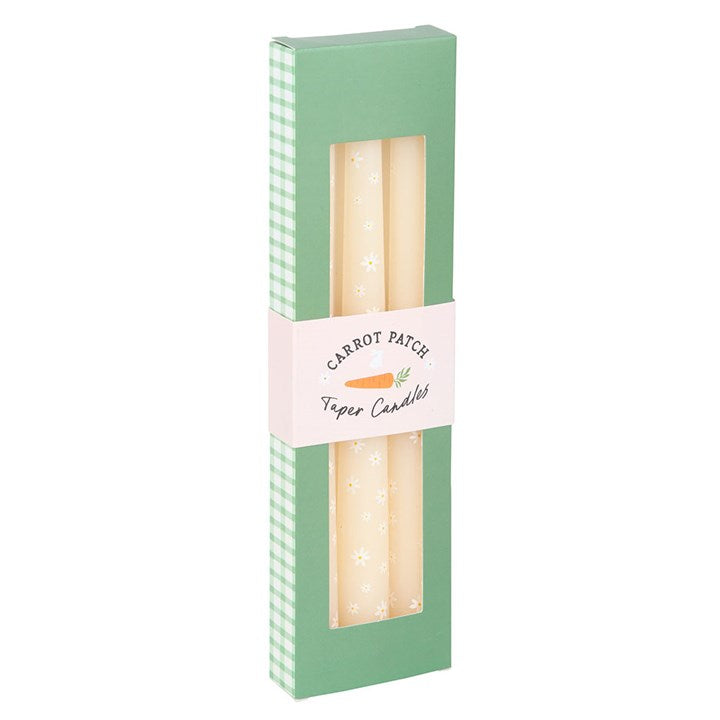 Set of 3 Carrot Patch Daisy Taper Candles unscented for a cheerful spring touch in your home decor.