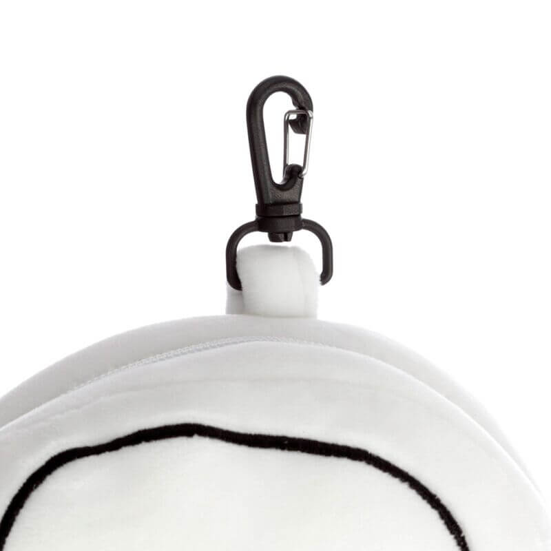 Close-up of a white Stormtrooper travel pillow with a black metal carabiner clip.