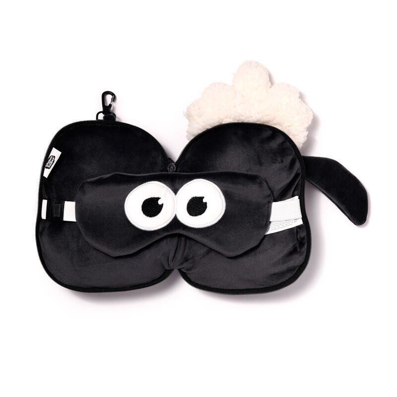 Relaxeazzz Shaun the Sheep travel pillow and eye mask set in black with white eyes and plush sheep detail.