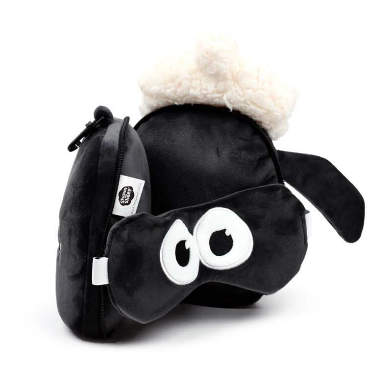 Relaxeazzz Shaun the Sheep travel pillow and eye mask, black plush with white eyes and fluffy cream wool.