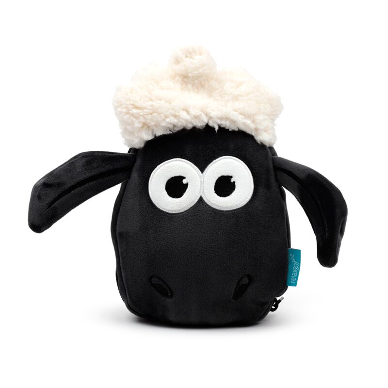Relaxeazzz Shaun the Sheep travel plush with black body, white fluffy hood and large cartoon eyes.