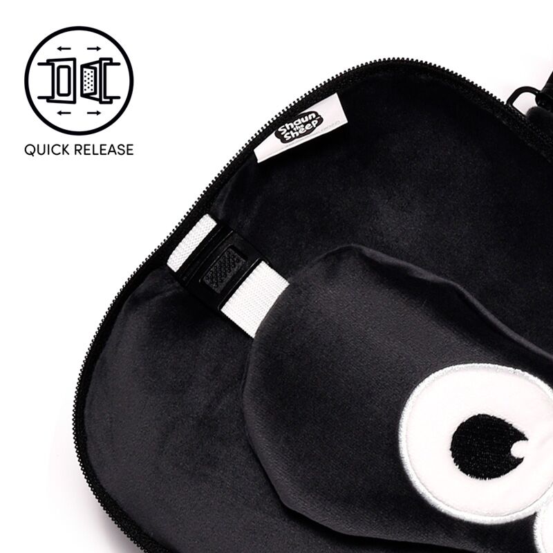 Relaxeazzz Travel Pillow & Eye Mask – Shaun the Sheep travel set in black with embroidered eye design.