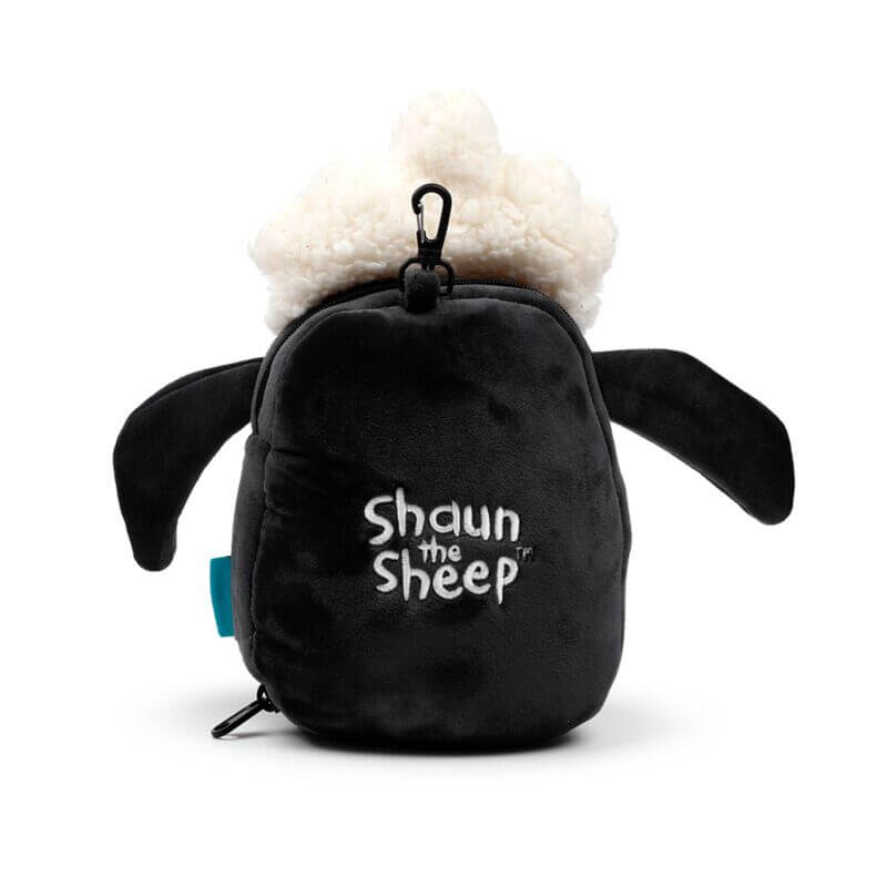 Relaxeazzz Shaun the Sheep travel plush backpack with black fabric, fluffy white head, embroidered logo.