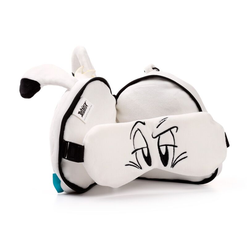 Relaxeazzz travel pillow and eye mask set featuring Dogmatix from Asterix, white plush with embroidered eyes.