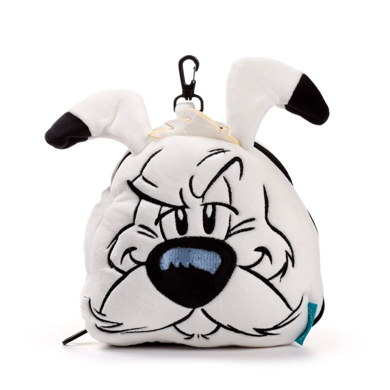 Relaxeazzz travel pillow featuring Dogmatix (Idefix) plush white dog face with clip.