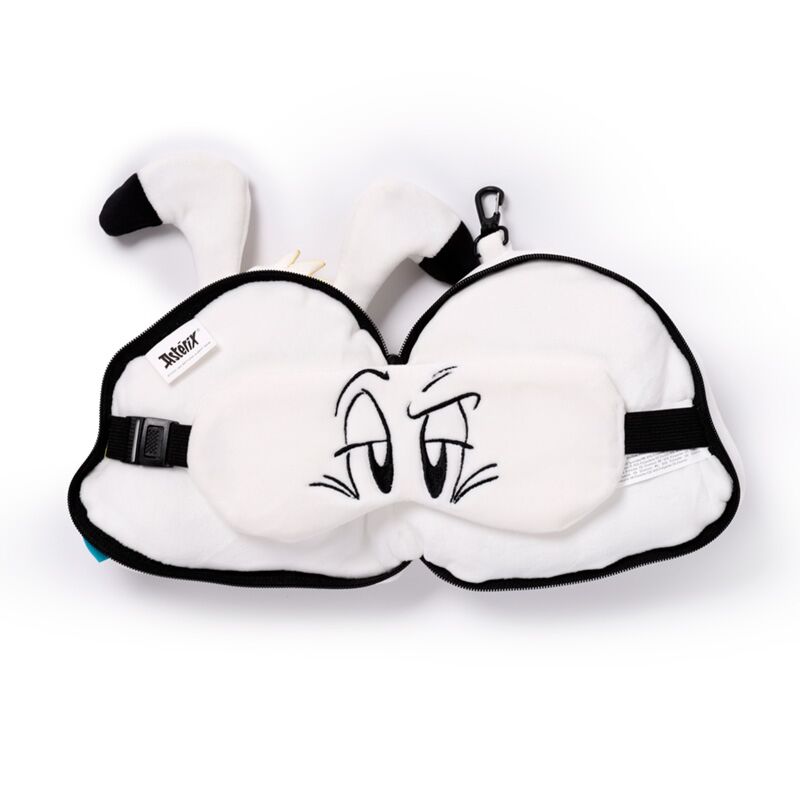 Relaxeazzz travel pillow and eye mask featuring Dogmatix (Idefix) from Asterix, white with black trim.