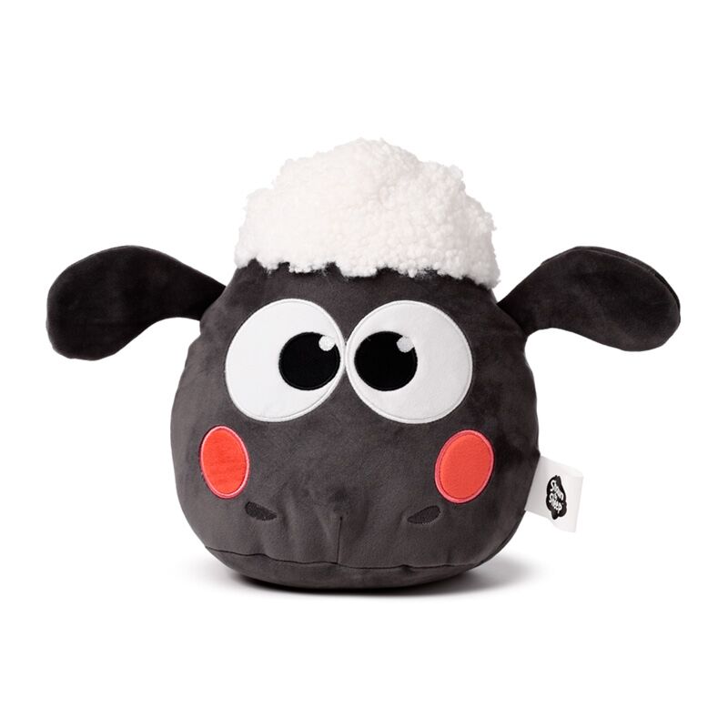 Squidglys Kawaii Shaun the Sheep plush with dark body, white fluffy top, large eyes and pink cheeks.