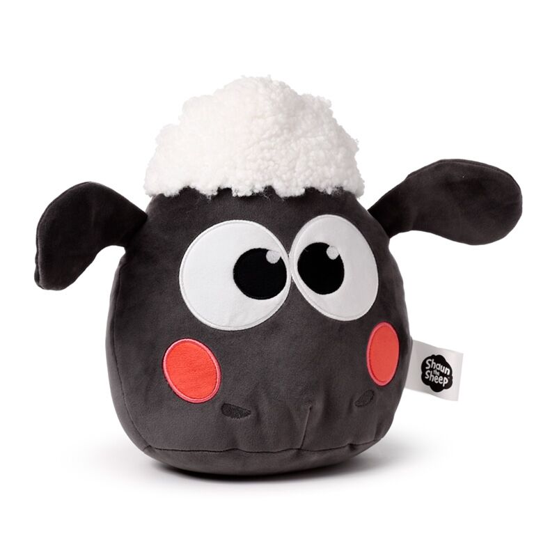Kawaii Shaun the Sheep plush toy with fluffy white top, dark body, large eyes and pink cheeks.