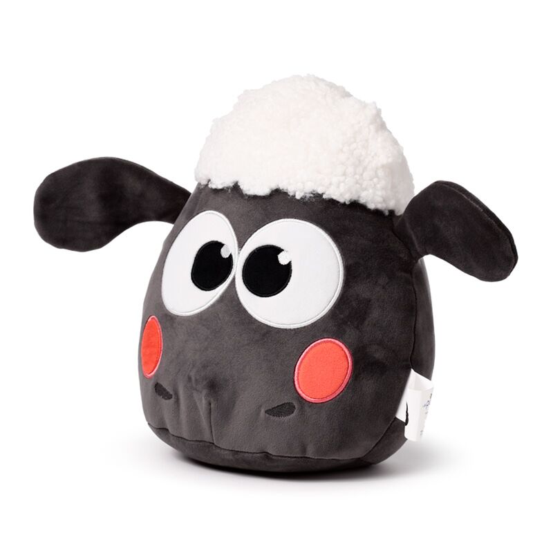 Squidglys plush Shaun the Sheep toy in kawaii style, fluffy white wool on head, dark face, big eyes and pink cheeks.