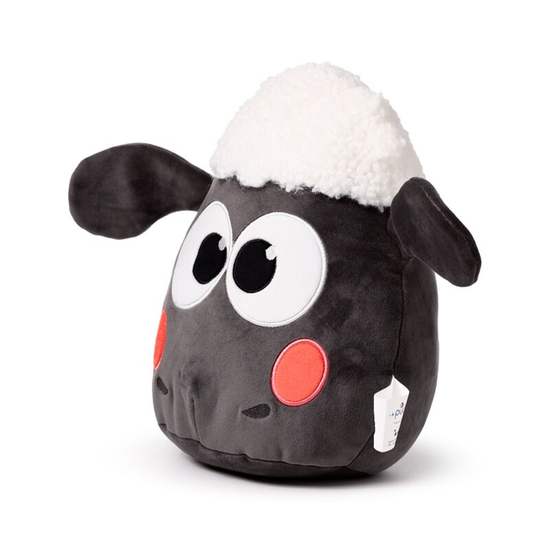 Squidglys Plush Toy - kawaii Shaun the Sheep with velboa plush, fluffy white top, dark body, big eyes and pink cheeks.