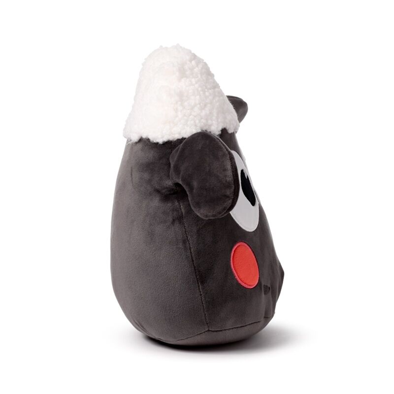 Squidglys Shaun the Sheep plush: kawaii grey body, white fleece hood, red cheek patch, Velboa fabric.