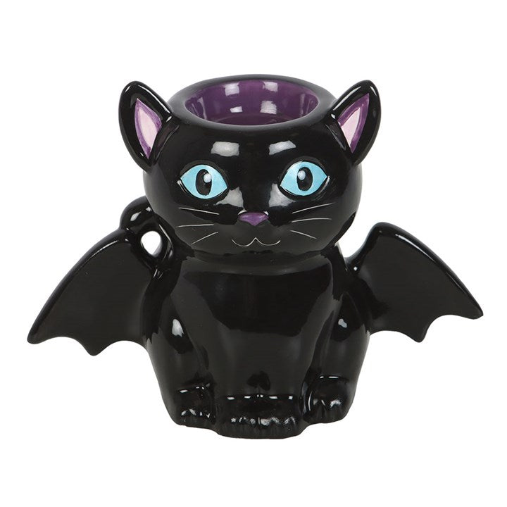 Black bat-wing cat oil burner and wax warmer with purple interior and back tealight holder