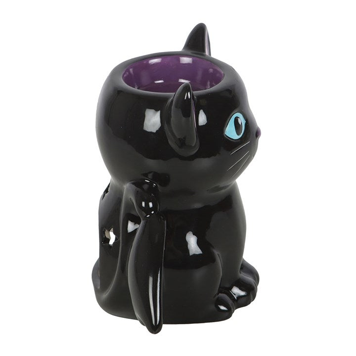 Cute black ceramic bat-winged cat oil burner and wax warmer with purple interior.