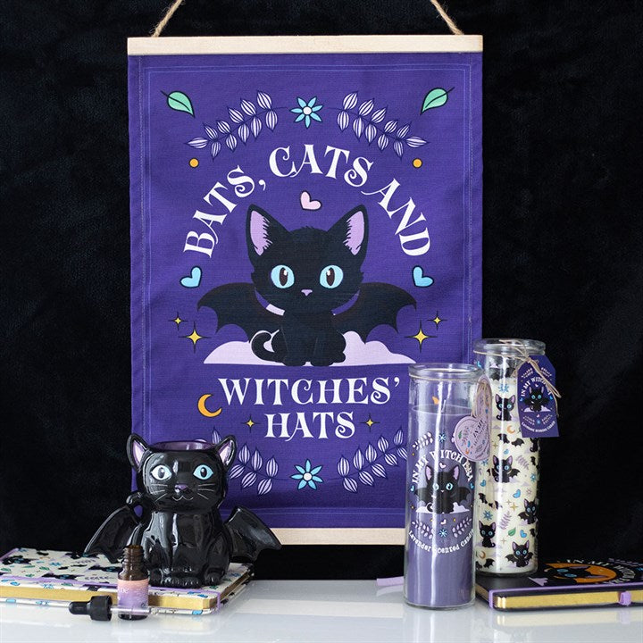 Cute and Creepy Bat Cat Oil Burner and Wax Warmer: black cat with bat wings for scented oils.