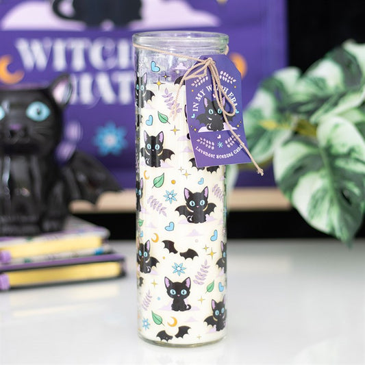 Cute and Creepy Cat Print Lavender Tube Candle with mischievous black-cat print and lavender scent.
