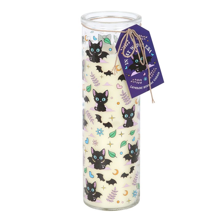 Lavender-scented tube candle with an all-over print of mischievous black cats on clear glass.