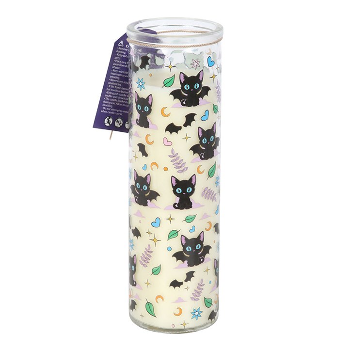 Lavender-scented tube candle featuring an all-over print of mischievous black cats, cute and spooky.