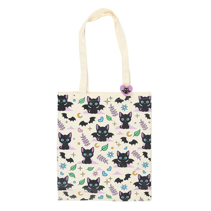 Cute and Creepy Cat Print Polycotton Tote Bag with Enamel Pin featuring playful black cats, bats, and stars. Perfectly quirky!