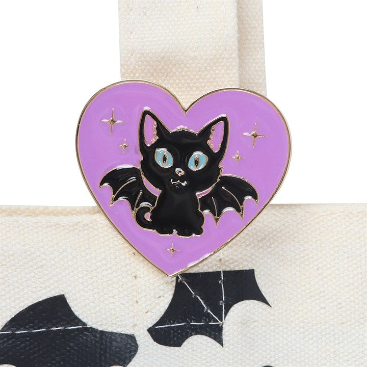 Cute and Creepy Cat Print Polycotton Tote Bag with Enamel Pin, featuring a playful bat-winged cat design. Perfect for gifts!