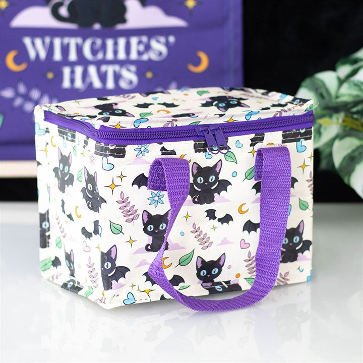 Cute and Creepy Cat Print Lunch Bag with black cat design and purple handles, perfect for stylish, sustainable meals.