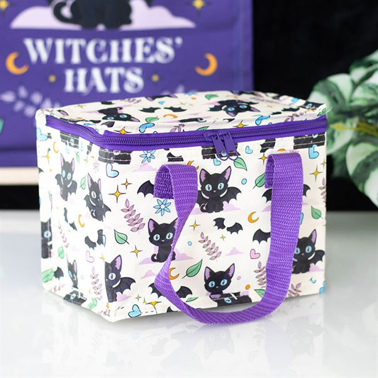 Cute and Creepy Cat Print Lunch Bag with black cat design and purple handles, perfect for stylish, sustainable meals.
