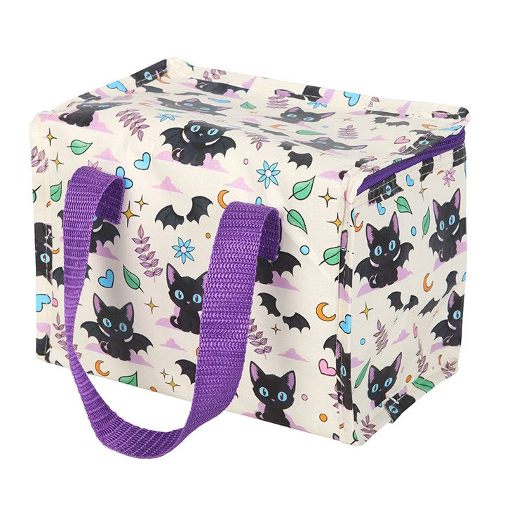 Stylish and sustainable, the Cute and Creepy Cat Print Lunch Bag features an all-over black cat design with purple handles.