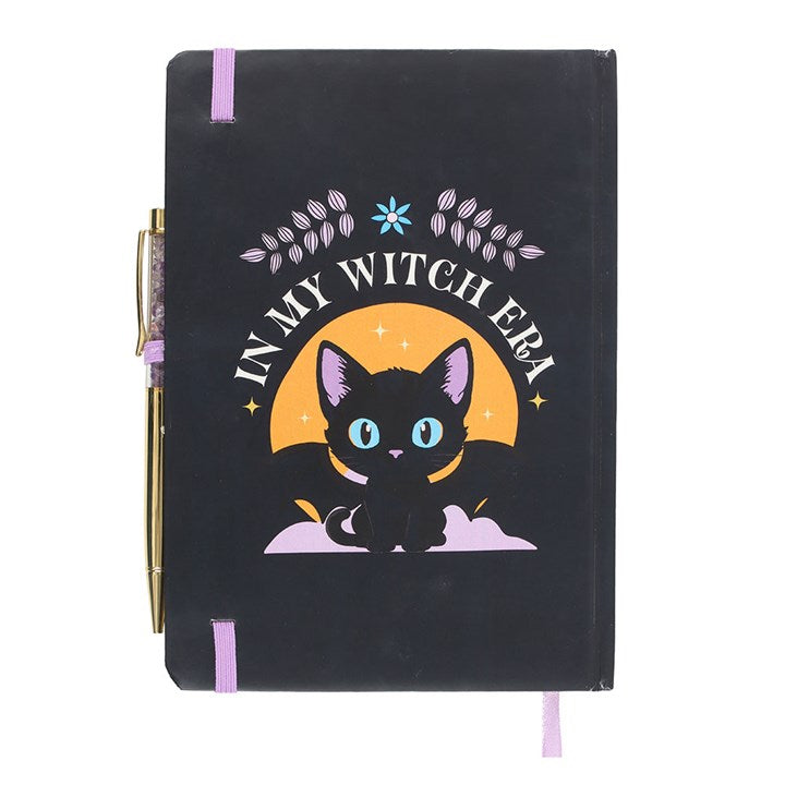 In My Witch Era A5 Notebook with Amethyst Pen features a black cat design, perfect for jotting down spells and thoughts.