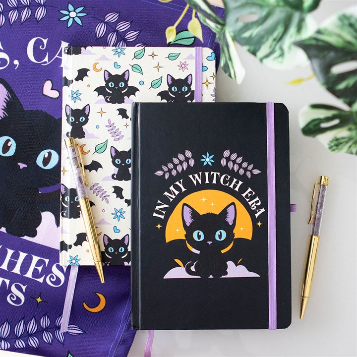 Stylish In My Witch Era A5 Notebook with Amethyst Pen, featuring a bat-winged cat design for magical notes.