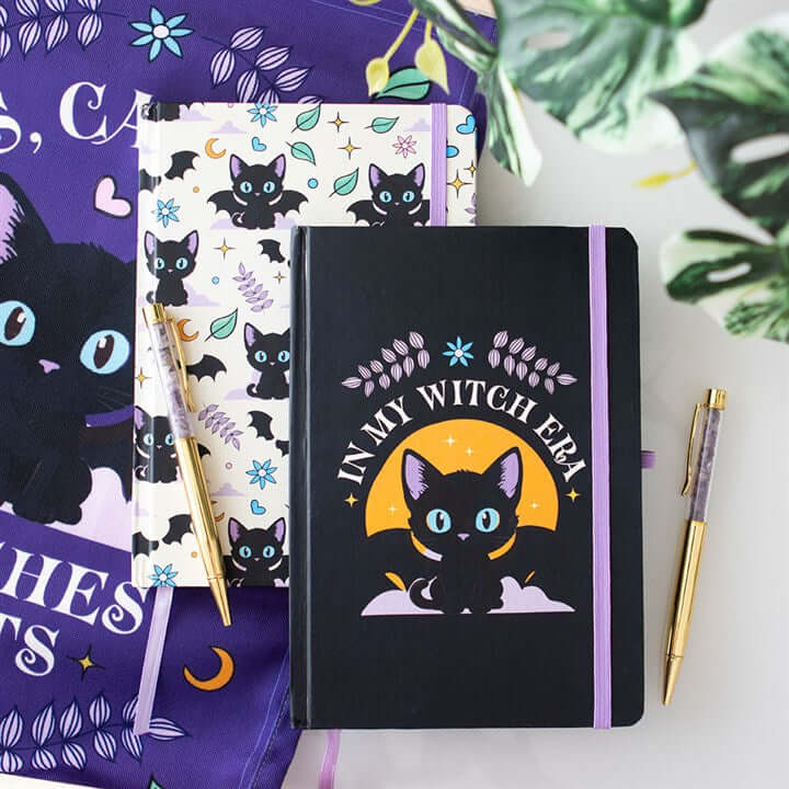 Stylish In My Witch Era A5 Notebook with Amethyst Pen, featuring a bat-winged cat design for magical notes.