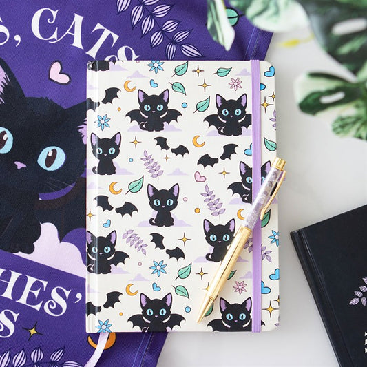Cute and Creepy Print A5 Notebook with Amethyst Pen, featuring playful black cats, perfect for writers and cat lovers.