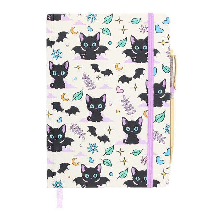 Cute and Creepy Print A5 Notebook with Amethyst Pen, featuring playful black cats, perfect for feline-loving writers.