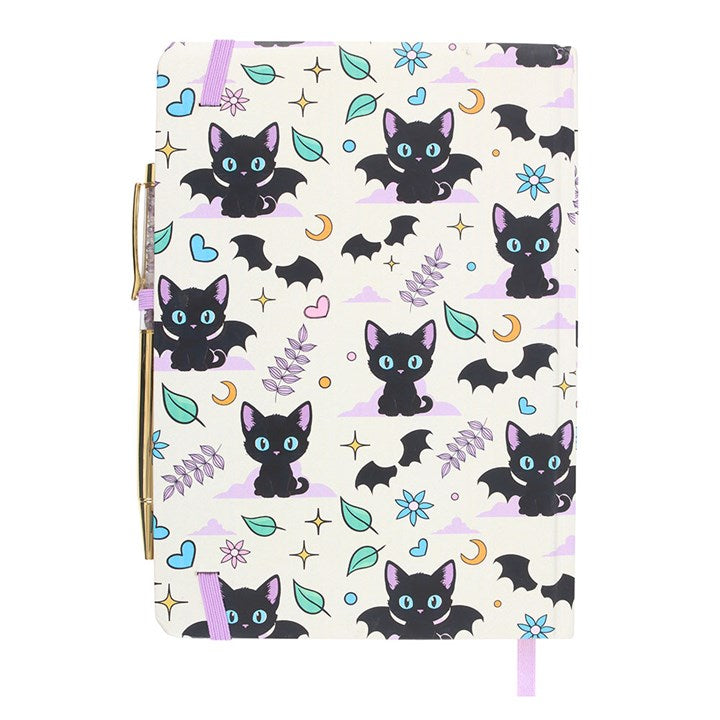 Cute and Creepy Print A5 Notebook with Amethyst Pen features playful black cat designs, perfect for feline-loving writers.