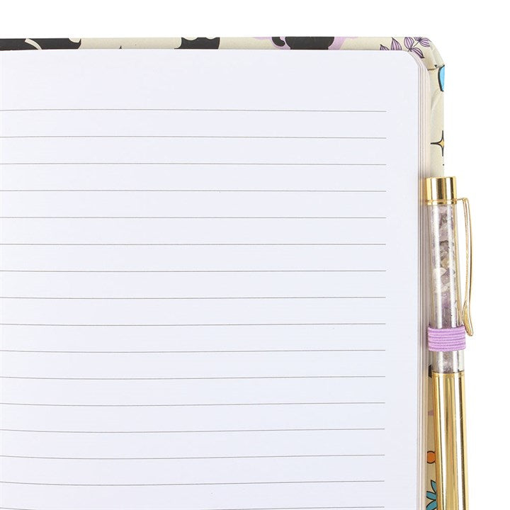 Cute and Creepy Print A5 Notebook with Amethyst Pen, featuring lined pages and a playful black cat design. Perfect gift!