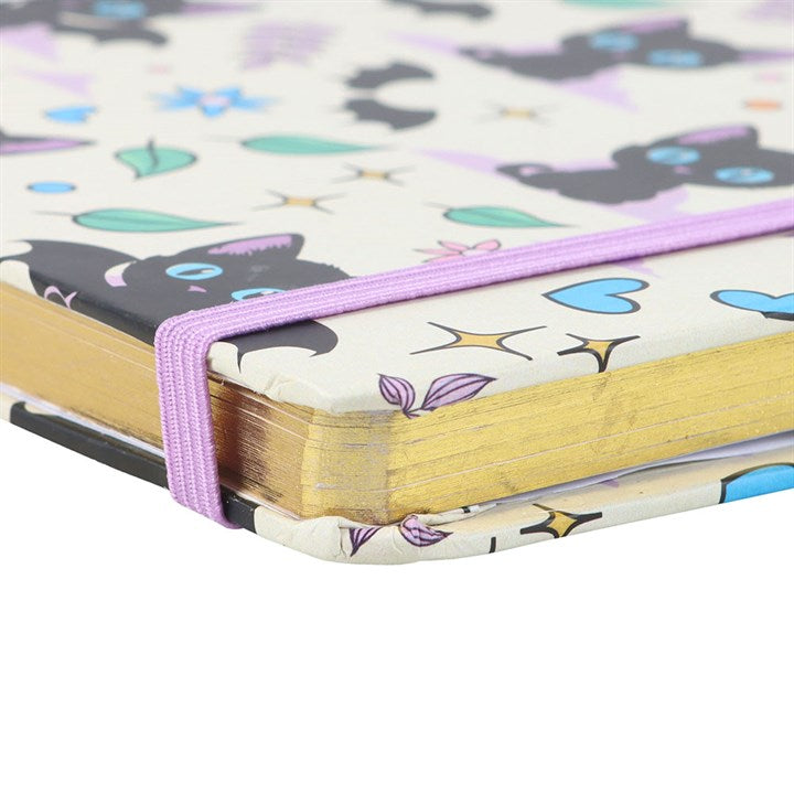 Cute and Creepy Print A5 Notebook with Amethyst Pen features playful black cat design, perfect for notes and ideas.