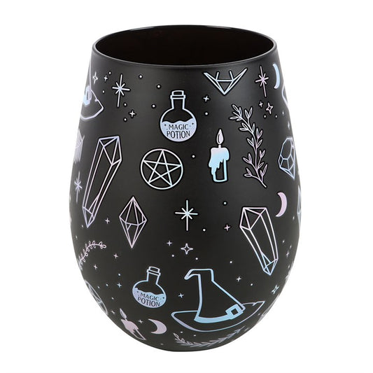 Crystal Witch Print Stemless Glass with black crystal magic design for mystical gatherings.