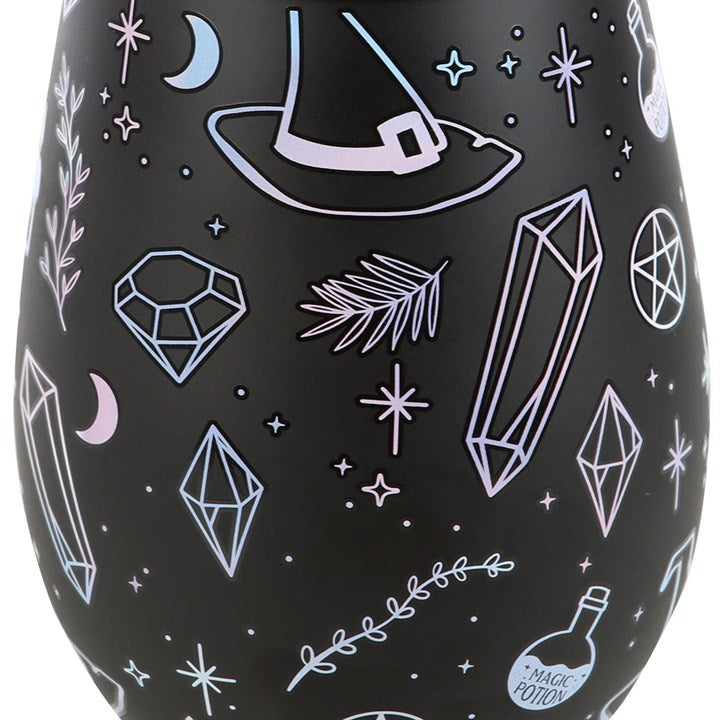 Black crystal magic stemless glass featuring witch hat, crystals, moons and a magic potion bottle.