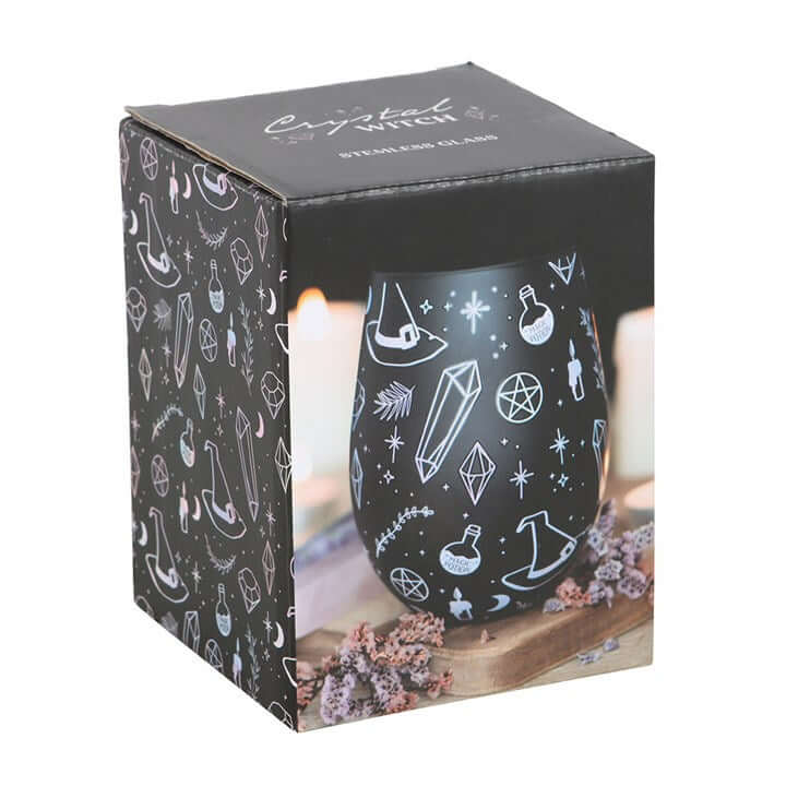 Crystal Witch Print Stemless Glass in black crystal magic design, shown in its box.