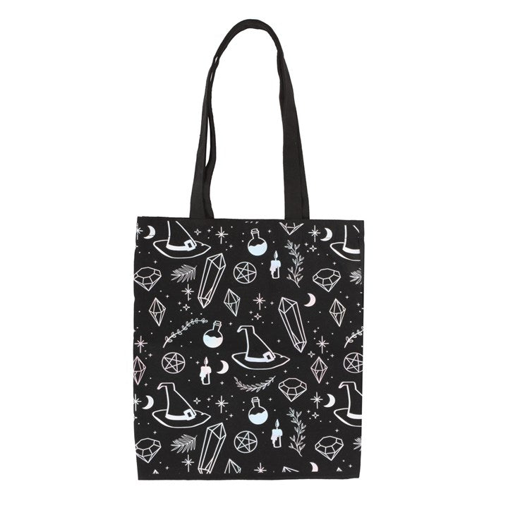 Crystal Witch Print polycotton tote bag with white crystal, hat and potion motifs on a black background.