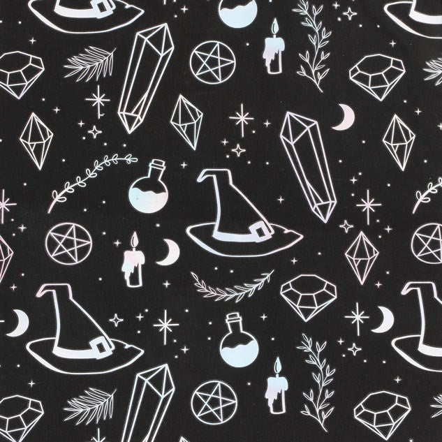 Crystal Witch print polycotton tote bag with crystals, witch hats, potions on a black background.