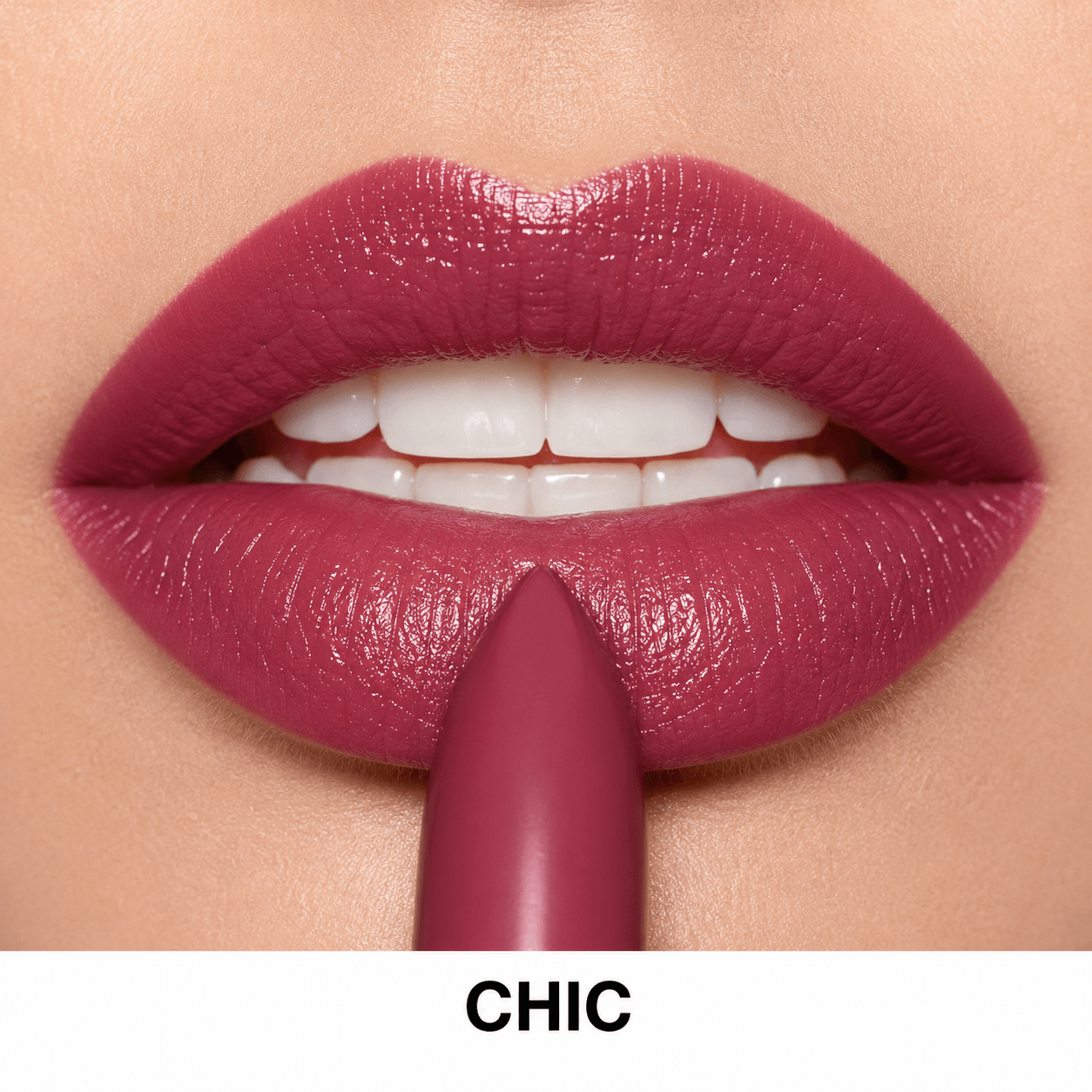 Close-up of a person's lips wearing a glossy deep berry lipstick, with a matching lipstick pencil held below the lips. The word 'CHIC' appears in black text on a white strip at the bottom.