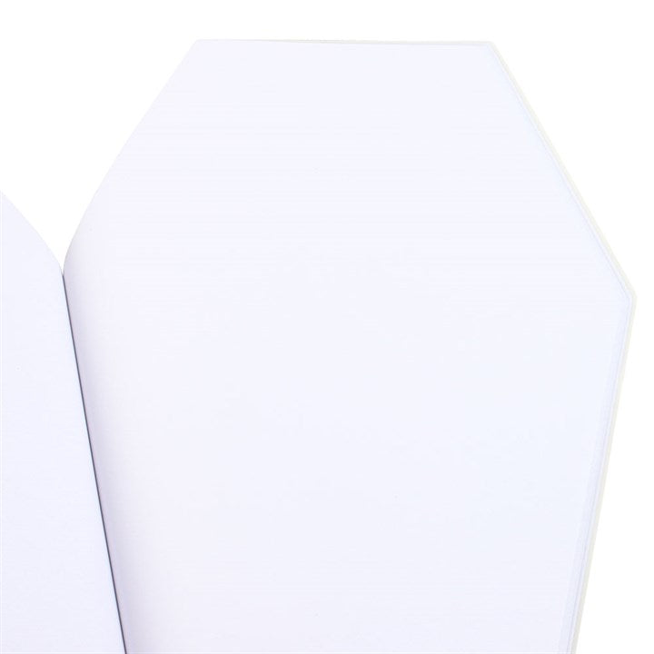 Coffin Shaped Notebook featuring sleek black cover and pink accents, perfect for stylish journaling and doodling.