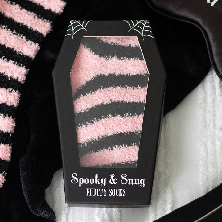 Pink and Black Striped Socks in Coffin Gift Box, perfect for cosy gothic fashion lovers from Spooky & Snug.